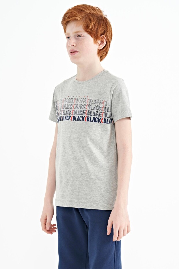 Gri Melanj Yazı Baskılı O Yaka Standart Kalıp Erkek Çocuk T-Shirt - 11149