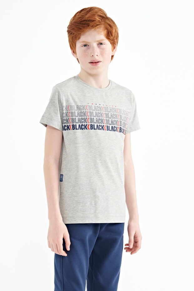 Gri Melanj Yazı Baskılı O Yaka Standart Kalıp Erkek Çocuk T-Shirt - 11149