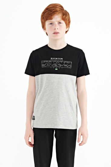 Gri Melanj Yazı Baskılı Renk Bloklu Standart Kalıp O Yaka Erkek Çocuk T-Shirt - 11134 
