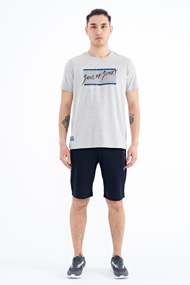 Gri Melanj Yazı Desen Baskılı Standart Kalıp O Yaka Erkek T-Shirt - 88172