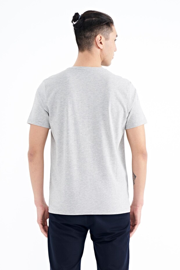 Gri Melanj Yazı Desen Baskılı Standart Kalıp O Yaka Erkek T-Shirt - 88172