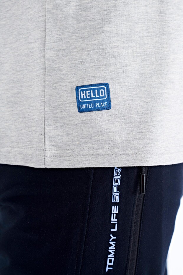 Gri Melanj Yazı Desen Baskılı Standart Kalıp O Yaka Erkek T-Shirt - 88172