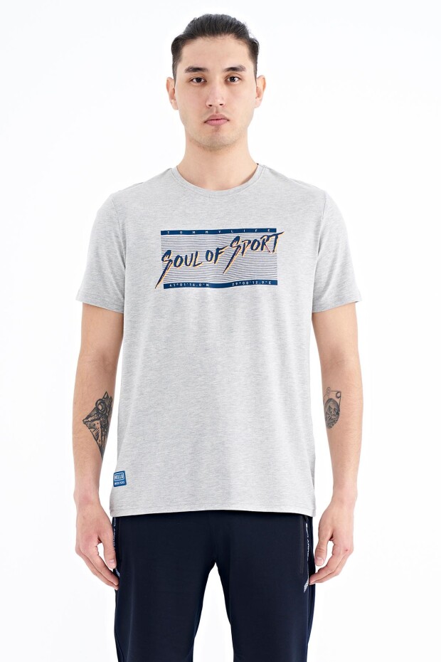 Gri Melanj Yazı Desen Baskılı Standart Kalıp O Yaka Erkek T-Shirt - 88172
