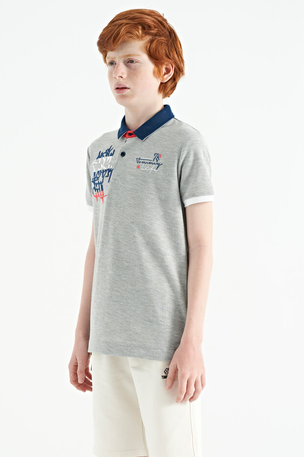Gri Melanj Yazı Nakış Detaylı Standart Kalıp Polo Yaka Erkek Çocuk T-Shirt - 11085