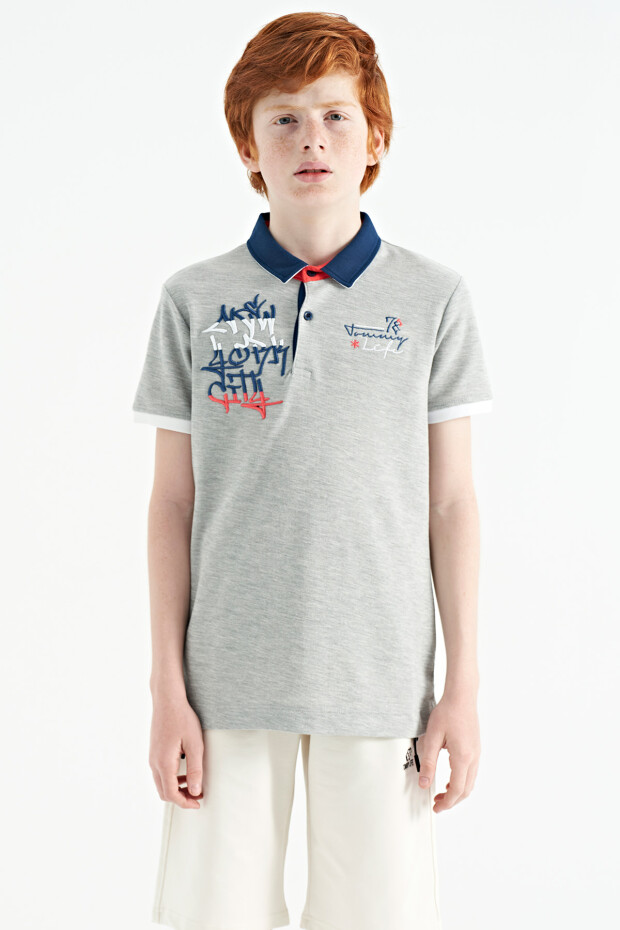 Gri Melanj Yazı Nakış Detaylı Standart Kalıp Polo Yaka Erkek Çocuk T-Shirt - 11085