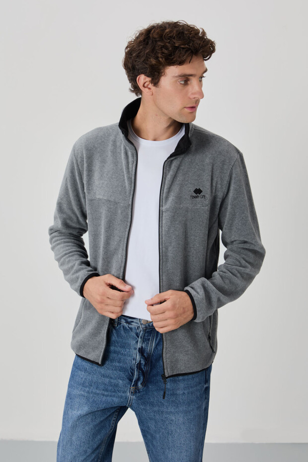 Gri Melanj Yazı Nakışlı Dik Yaka Fermuarlı Standart Kalıp Erkek Sweatshirt Polar - 87992