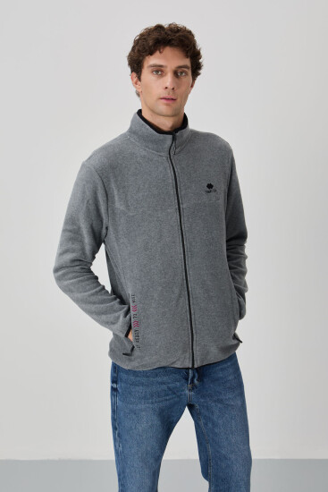 Gri Melanj Yazı Nakışlı Dik Yaka Fermuarlı Standart Kalıp Erkek Sweatshirt Polar - 87992 