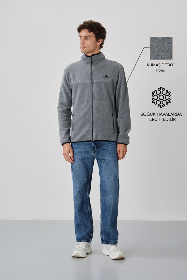 Gri Melanj Yazı Nakışlı Dik Yaka Fermuarlı Standart Kalıp Erkek Sweatshirt Polar - 87992 - 1