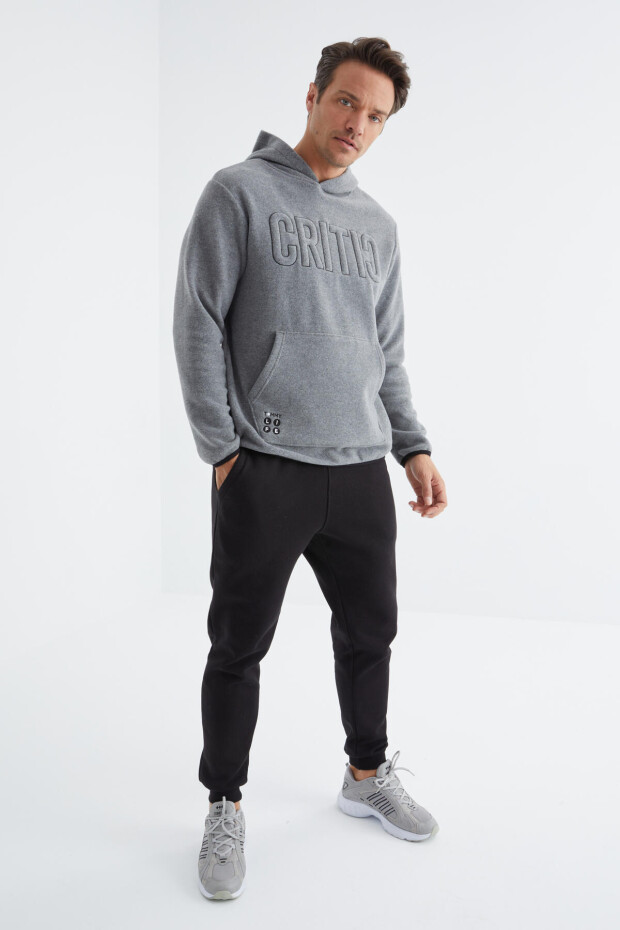 Gri Melanj Yazı Nakışlı Kanguru Cepli Kapüşonlu Standart Kalıp Erkek Polar Sweatshirt - 88156