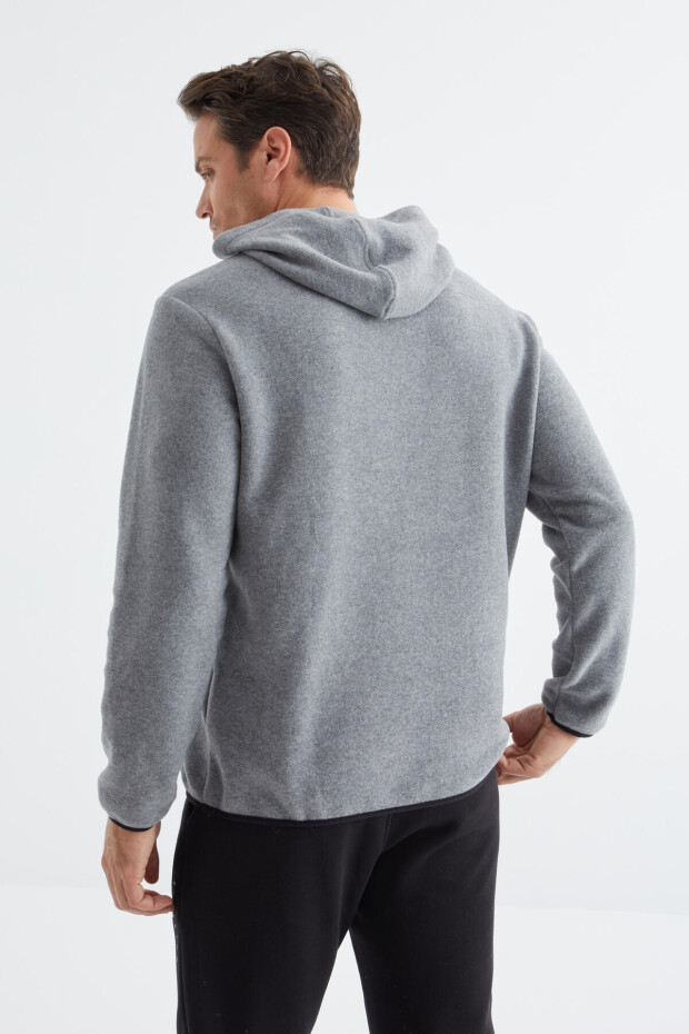 Gri Melanj Yazı Nakışlı Kanguru Cepli Kapüşonlu Standart Kalıp Erkek Polar Sweatshirt - 88156