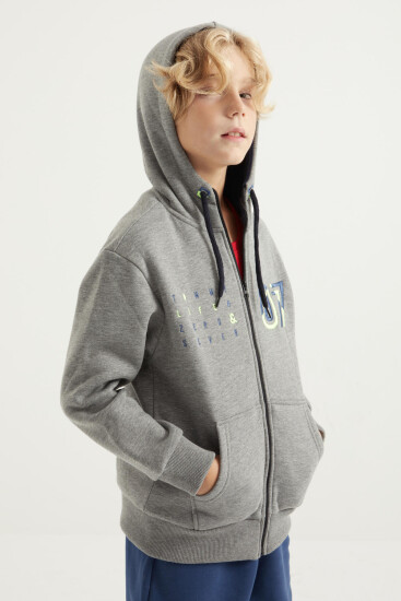 Gri Melanj Yazı Nakışlı Kapüşonlu Standart Kalıp Fermuarlı Erkek Çocuk Sweatshirt - 11019 