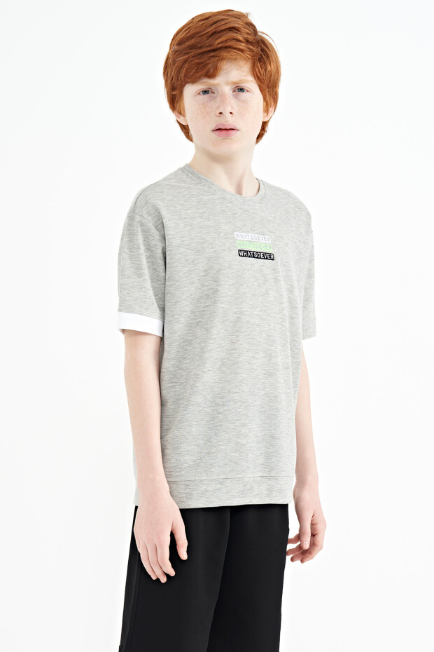 Gri Melanj Yazı Nakışlı O Yaka Oversize Erkek Çocuk T-Shirt - 11146