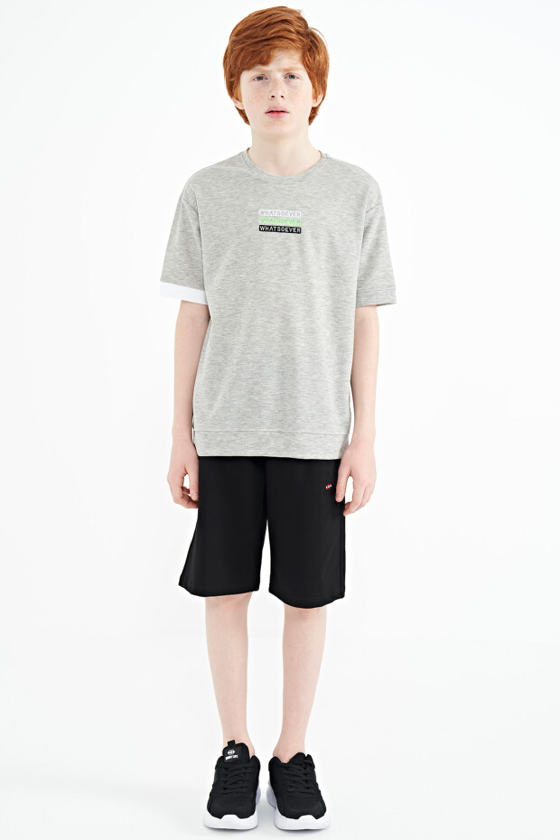 Gri Melanj Yazı Nakışlı O Yaka Oversize Erkek Çocuk T-Shirt - 11146