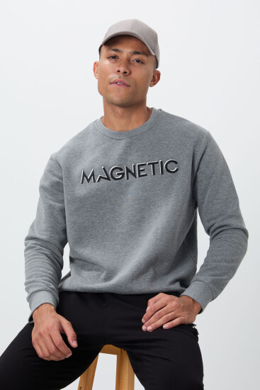 Gri Melanj Yazı Nakışlı O Yaka Rahat Form İçi Polarlı Erkek Sweatshirt - 88020 
