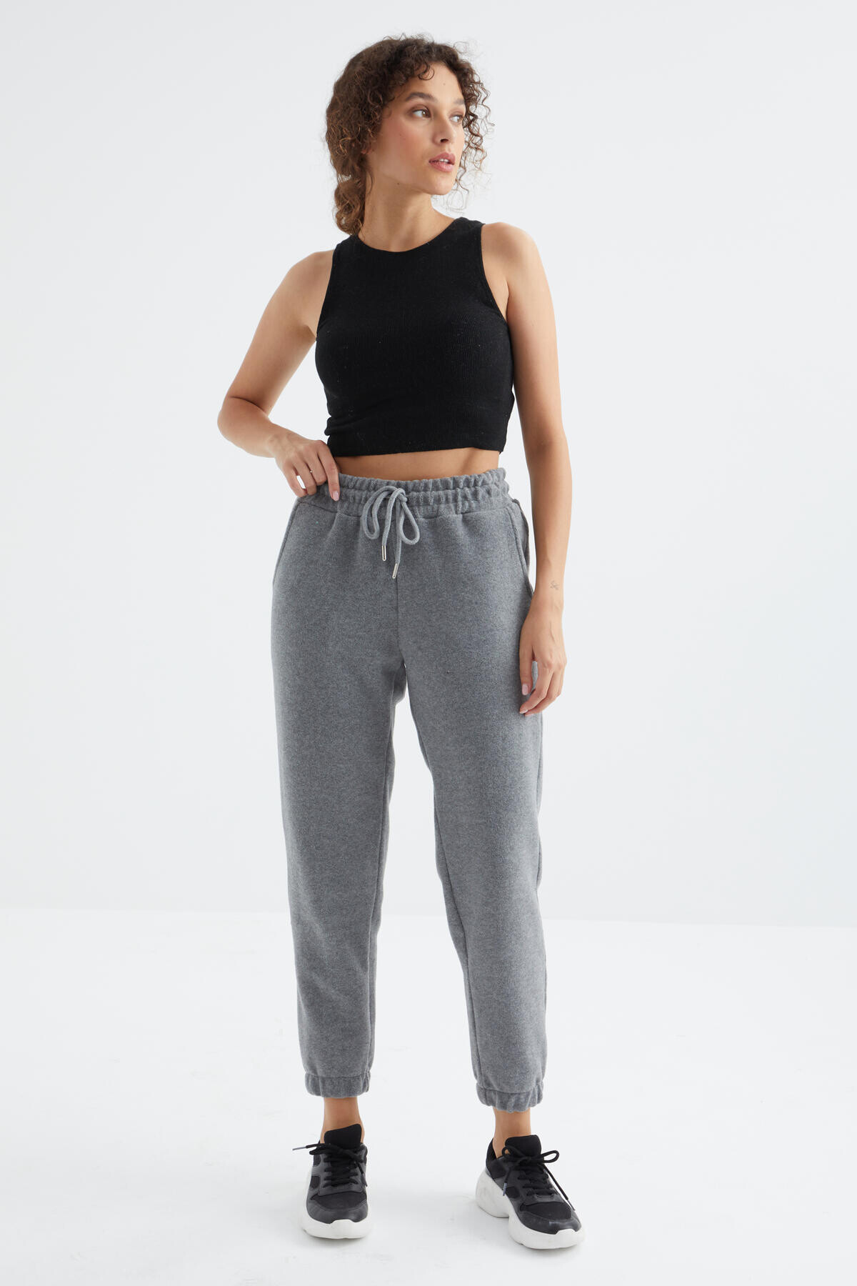 Gri Melanj Yüksek Bel Basic Bağcıklı Jogger Polar Kadın Eşofman Alt - 94622 - TOMMYLIFE