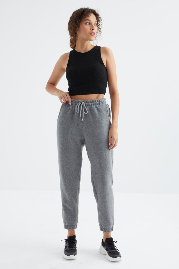Gri Melanj Yüksek Bel Basic Bağcıklı Jogger Polar Kadın Eşofman Alt - 94622 - 1