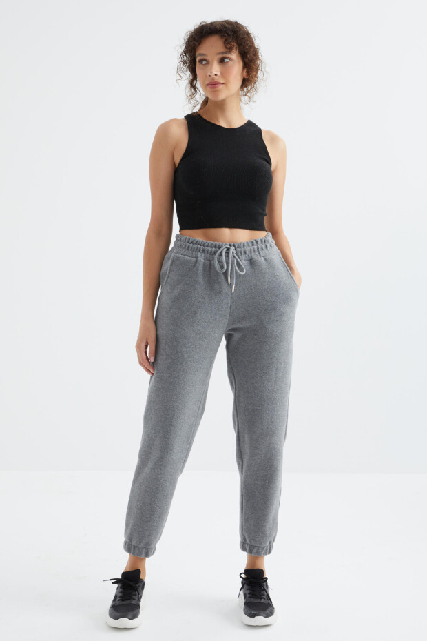 Gri Melanj Yüksek Bel Basic Bağcıklı Jogger Polar Kadın Eşofman Alt - 94622 - 3