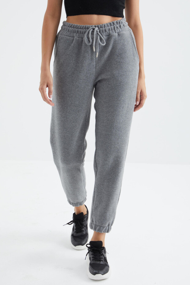 Gri Melanj Yüksek Bel Basic Bağcıklı Jogger Polar Kadın Eşofman Alt - 94622 - 4