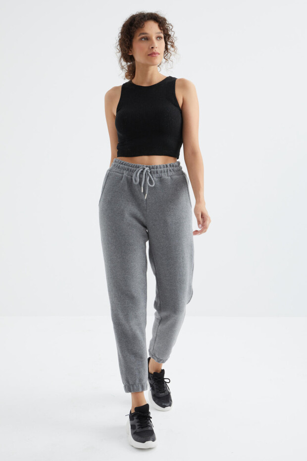 Gri Melanj Yüksek Bel Basic Bağcıklı Jogger Polar Kadın Eşofman Alt - 94622 - 5