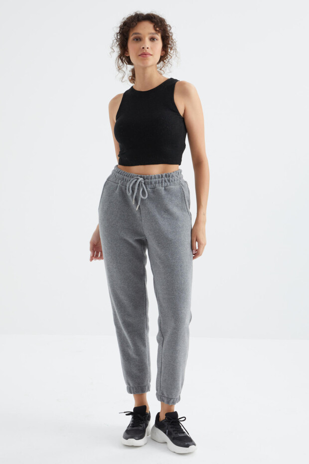 Gri Melanj Yüksek Bel Basic Bağcıklı Jogger Polar Kadın Eşofman Alt - 94622 - 6