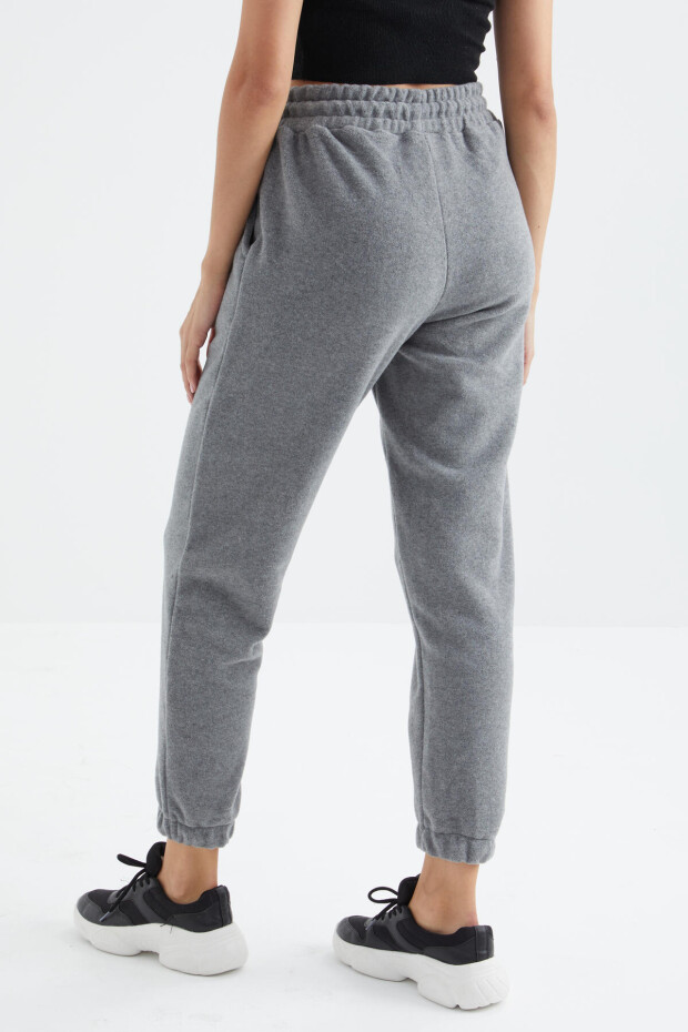 Gri Melanj Yüksek Bel Basic Bağcıklı Jogger Polar Kadın Eşofman Alt - 94622 - 8