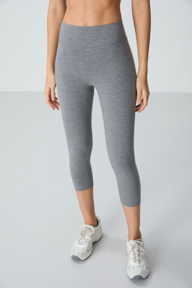 Gri Melanj Yüksek Bel Slim Fit Dar Paça Kadın Kapri Tayt - 93097