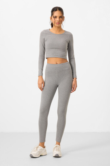 Gri Melanj Yüksek Bel Uzun Kollu Slim Fit Crop Top Kadın Tayt Takım - 95286 