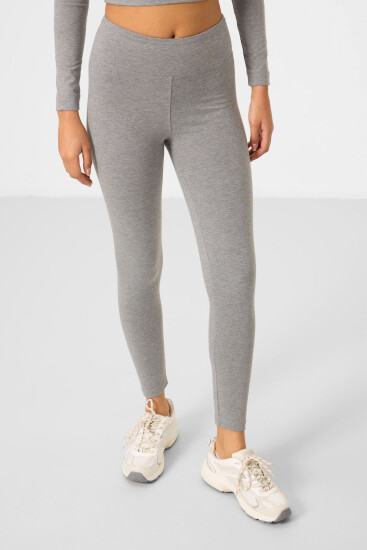 Gri Melanj Yüksek Bel Uzun Kollu Slim Fit Crop Top Kadın Tayt Takım - 95286 - TOMMYLIFE (1)