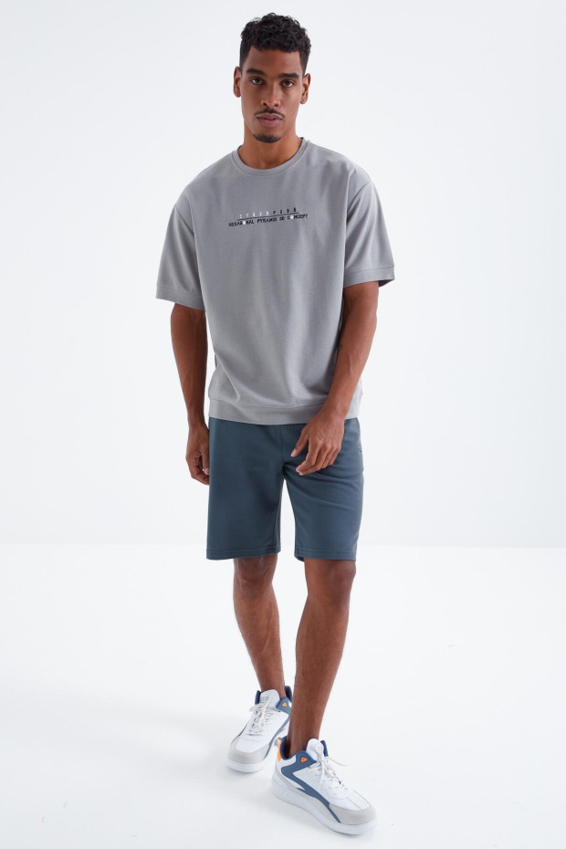 Gri Minimal Yazı Nakışlı O Yaka Erkek Oversize T-Shirt - 88106