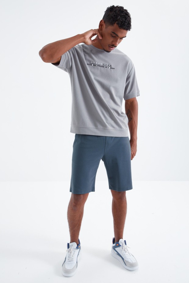 Gri Minimal Yazı Nakışlı O Yaka Erkek Oversize T-Shirt - 88106