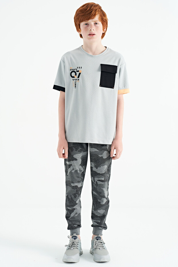 Gri O Yaka Oversize Cep Detaylı Erkek Çocuk T-Shirt - 11152