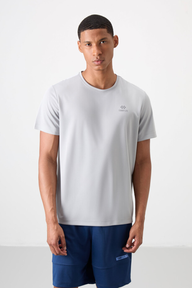 Gri O Yaka Standart Kalıp Logo Desenli Aktif Spor Erkek T-Shirt - 88255