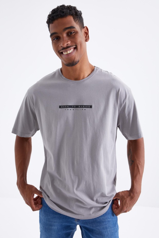 Gri Sırtı Yazı Baskılı O Yaka Erkek Oversize T-Shirt - 88100