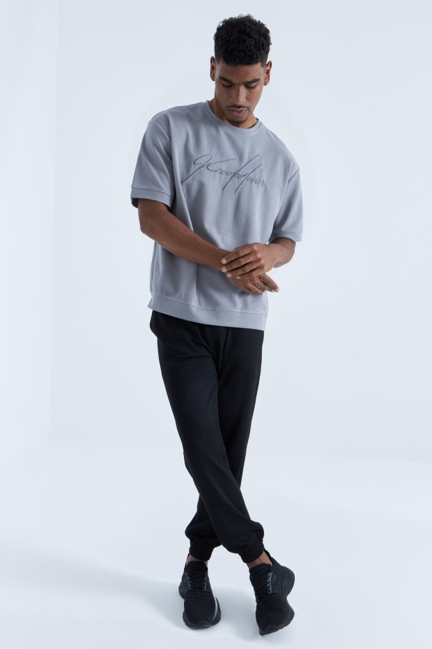 Gri Yazı Nakışlı O Yaka Erkek Oversize T-Shirt - 88102