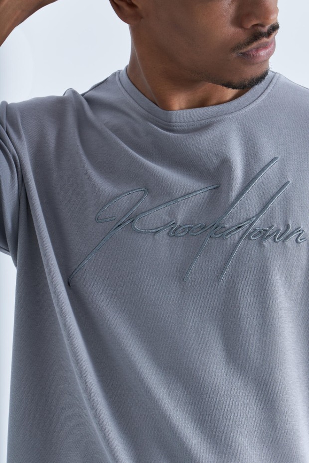 Gri Yazı Nakışlı O Yaka Erkek Oversize T-Shirt - 88102