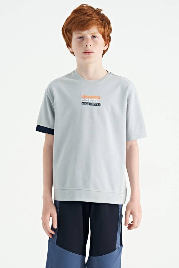Gri Yazı Nakışlı O Yaka Oversize Erkek Çocuk T-Shirt - 11146