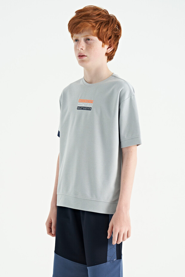 Gri Yazı Nakışlı O Yaka Oversize Erkek Çocuk T-Shirt - 11146