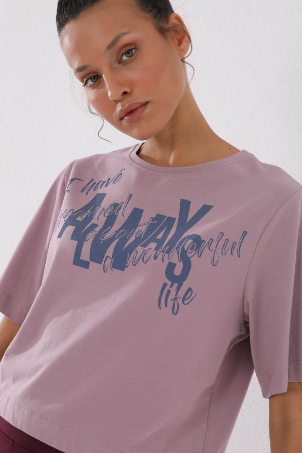 Gül Kurusu Asimetrik Yazı Baskılı O Yaka Kadın Oversize T-Shirt - 97136