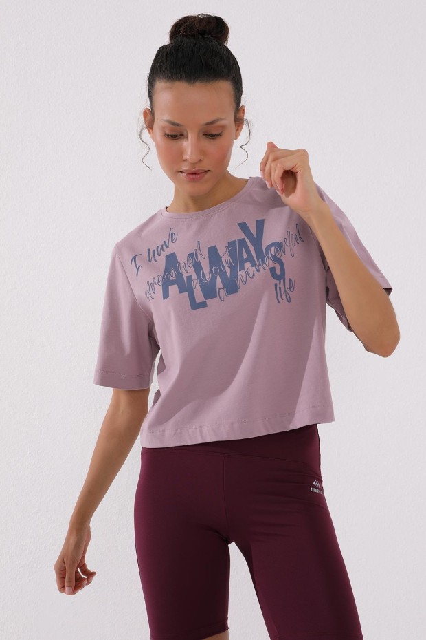 Gül Kurusu Asimetrik Yazı Baskılı O Yaka Kadın Oversize T-Shirt - 97136