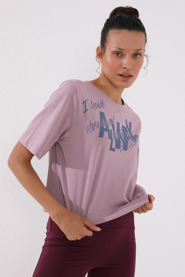 Gül Kurusu Asimetrik Yazı Baskılı O Yaka Kadın Oversize T-Shirt - 97136