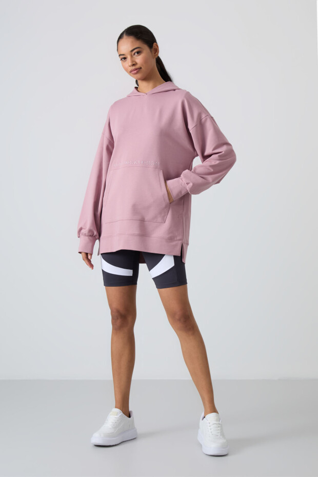 Gül Kurusu Balon Kol Yazı Nakışlı Kadın Oversize Tunik Sweatshirt - 97163