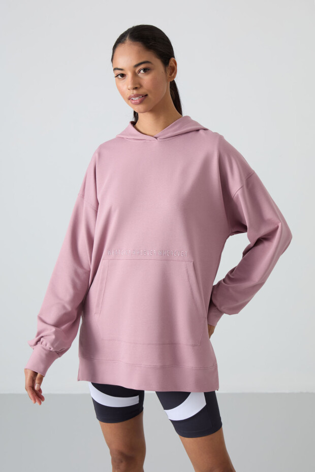 Gül Kurusu Balon Kol Yazı Nakışlı Kadın Oversize Tunik Sweatshirt - 97163