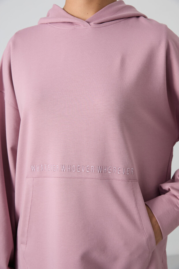 Gül Kurusu Balon Kol Yazı Nakışlı Kadın Oversize Tunik Sweatshirt - 97163