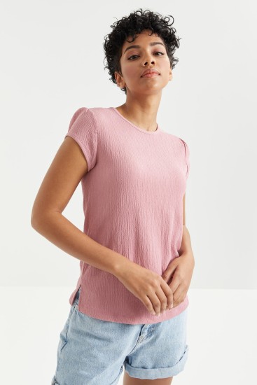 Gül Kurusu Basic Kısa Kol O Yaka Bürümcük Kumaş Kadın T-Shirt - 97225 