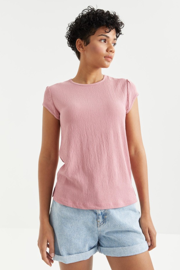 Gül Kurusu Basic Kısa Kol O Yaka Bürümcük Kumaş Kadın T-Shirt - 97225