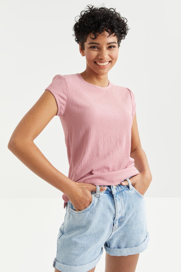 Gül Kurusu Basic Kısa Kol O Yaka Bürümcük Kumaş Kadın T-Shirt - 97225
