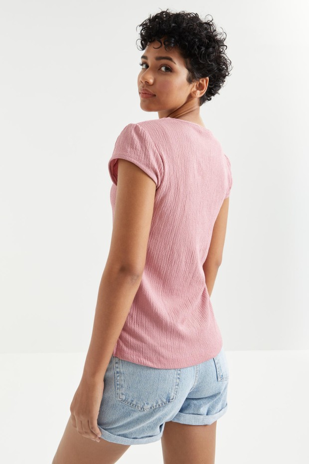 Gül Kurusu Basic Kısa Kol O Yaka Bürümcük Kumaş Kadın T-Shirt - 97225