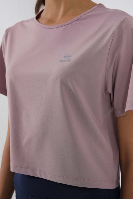 Gül Kurusu Basic Kısa Kol Standart Kalıp O Yaka Kadın Crop Top T-Shirt - 97143 - Thumbnail