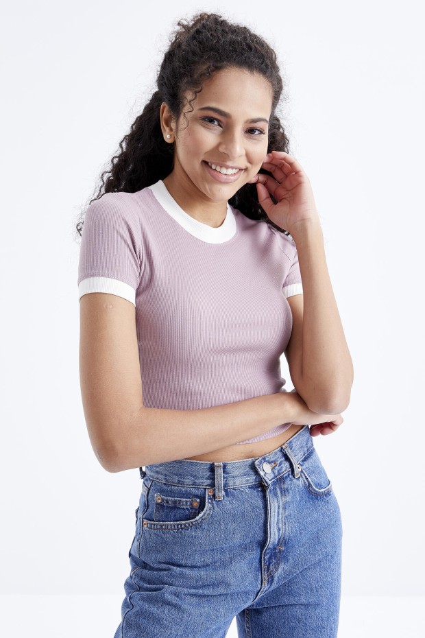 Gül Kurusu Basic Kol Detaylı O Yaka Kadın Crop Top T-Shirt - 97200