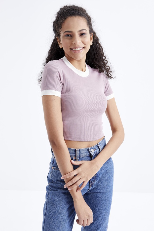 Gül Kurusu Basic Kol Detaylı O Yaka Kadın Crop Top T-Shirt - 97200